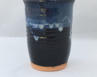 Pottery cup, Black and blue mug, ceramic wine cupg, unique pottery cup, handmade stoneware pottery, wheel thrown made in North Carolina