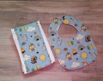 Bib and burp cloth set, boy bib set, baby shower gift, tribal, blue