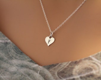 Sterling Silver F Letter Heart Necklace, Silver Tiny Stamped F Initial Heart Necklace, Stamped F Letter Charm Necklace, F Initial Necklace