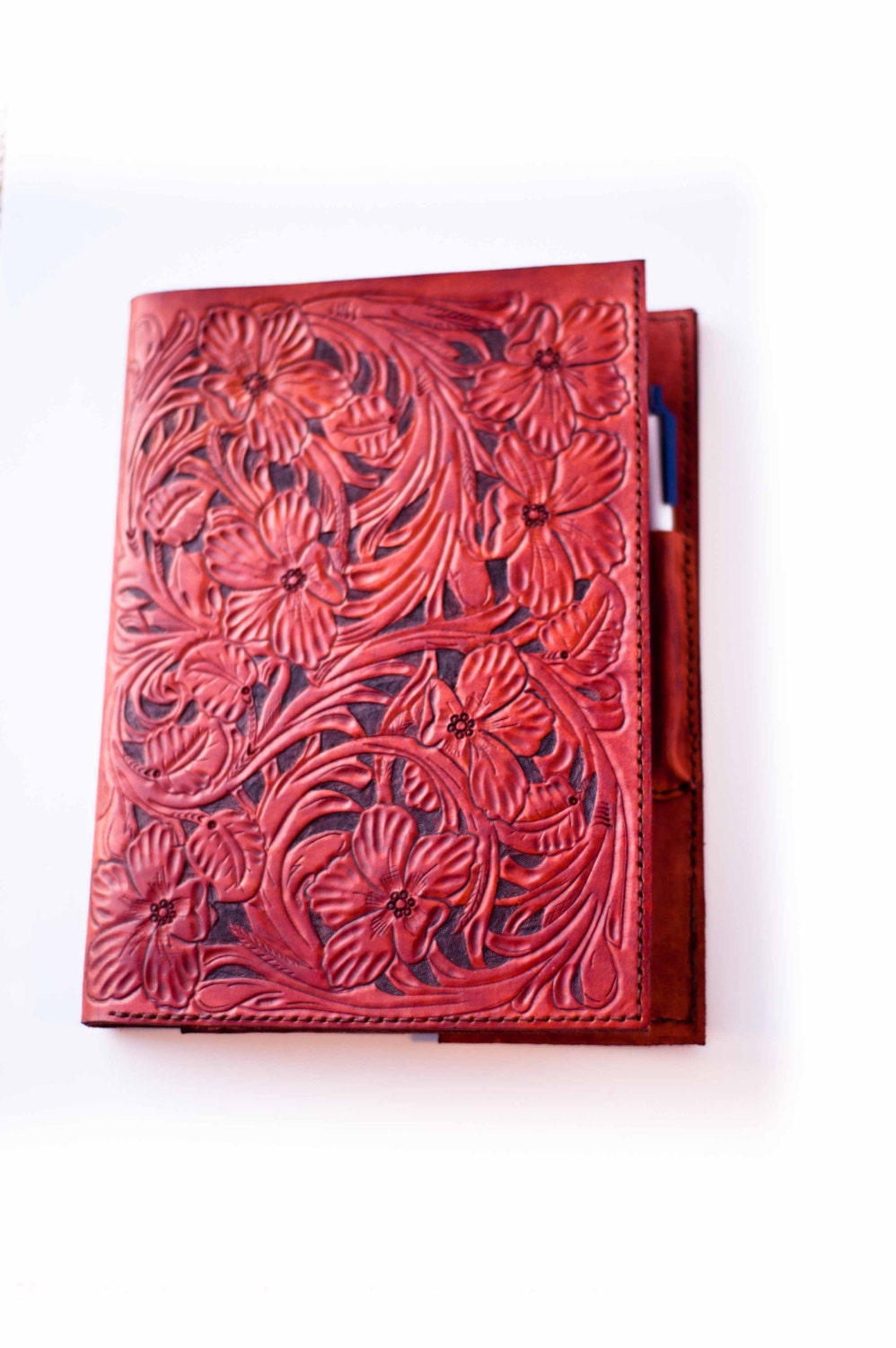 Leather Portfolio Notebook Cover Hand Carved Sheridan Flower