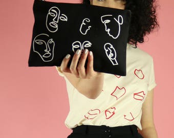 Faces Print Clutch Bag Pouch - White on Black