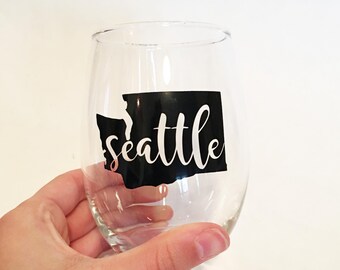 Custom City / State Outline with State Initials Abbreviation in Script Font Stemless Wine Glasses - Back - Seattle, Washington