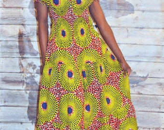 African print yellow maxi dress with back tie.