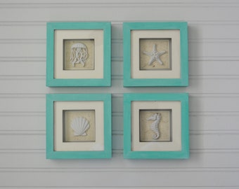 Set of 4 Shadow boxes. Jellyfish, Seahorse, Starfish and Scallop. Beach Decor. Nautical Decor. Coastal Decor. Seashell Decor. Sea Shell