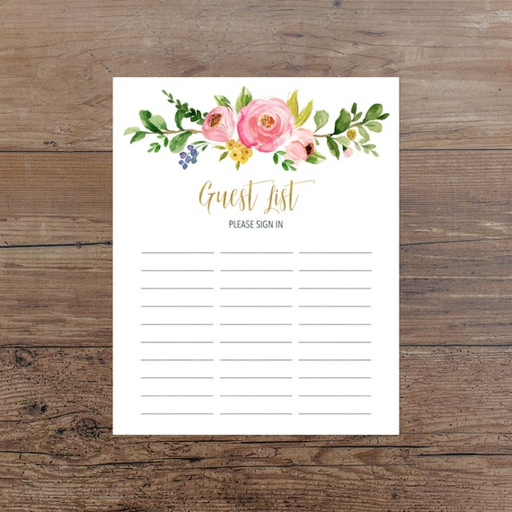 Floral Guest List Printable Guest List Sign In Sheet Pink