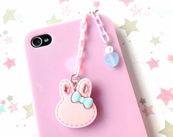 Pink Rabbit Earphone Jack Plug, Pastel Bunny Cellphone Charm, Pastel Chain, Rhinestone Bunny Dust Plug, Sweet Pastel Colors, Cute Ipod Charm