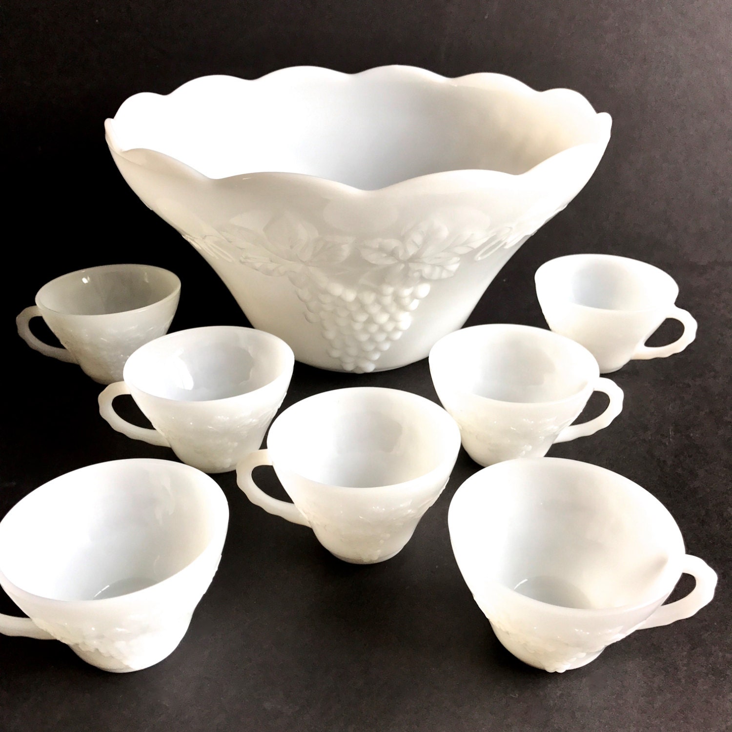1970s White Punch Bowl Set. Anchor Hocking Milk Glass Bowl and