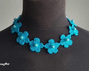 Crochet Necklace,Crochet Neck Accessory, Aquamarine Color, 100% Cotton.