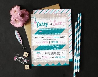 Lures or lace Gender Reveal invitation | gender reveal party | boy or girl | High Quality digital printable file | he or she fishing invites