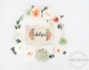 Personalized Makeup Bag | Personalized Pouch | Bridesmaid Gift | Spring Watercolor Floral | Personalized Zipper Pouch | Gift for Her