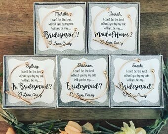 Now available in Rose Gold! Will you be my bridesmaids gifts! Silver or gold knot Bracelet with Personalized Card, box + ribbon!