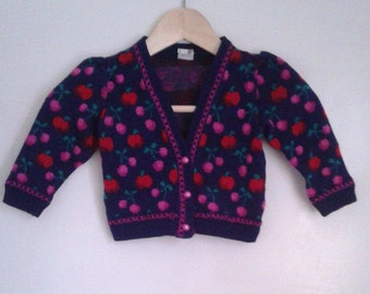 Vintage 1970's Baby Girls' Navy Purple Apple Cherry Knit Cardigan Sweater Puffy Sleeves Sz 18 Mo