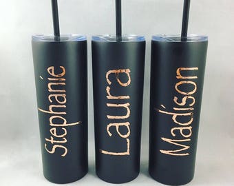 Bridesmaid Gift Skinny Tumbler Stainless Steel, Personalized Water bottle, Bridal Party Gift, Rose Gold Wedding Party Travel Mug Coffee Cup