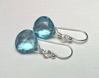 Aquamarine Briolette Hydro Quartz Earrings, Sterling Silver, Faceted Heart Briolette, Long Dangle, Wire Wrap, March Birthstone