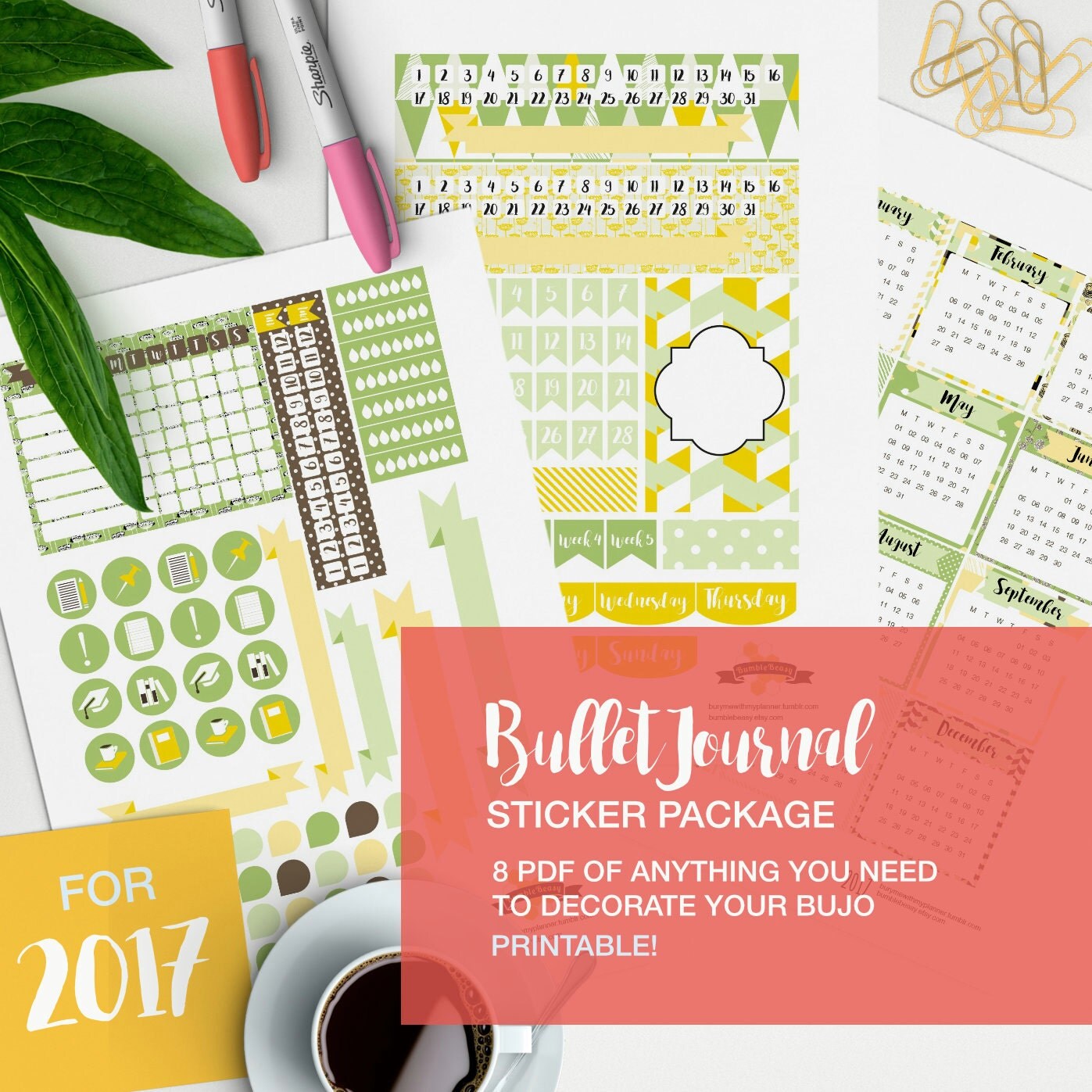 bullet journal stickers package v02 yellow and green