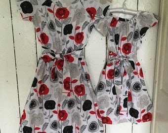 Mother Daughter or Sisters Matching Dresses in cotton red gray white black poppies plus sizes mommy and me dresses baby coordinating outfits