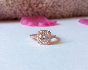 SALES -25%!!princess halo engagement ring rose gold , pink gold cubic zirconia , engagement ring , cubic zirconia ring
