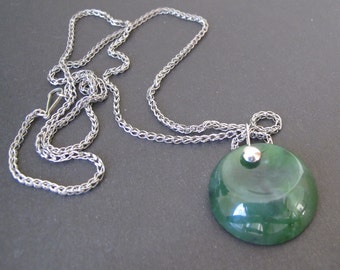 Jade Pendant. Siberian Nephrite. Baikal Jade Jewelry 1970s. Vintage Green Gemstone Necklace. Round Worry Stone. Mid Century. Abstract.