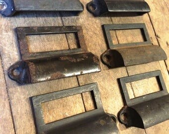 Antique Metal Drawer Pulls / Cup Bin Pull Handles / with Card File Label Holder