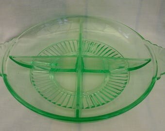 Vintage Art Deco four-sections pressed glass serving platter, green