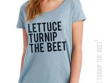 lettuce turnip the beet ® trademark brand OFFICIAL SITE - blue women's t shirt with classic black logo - farm, CSA, vegan, vegetarian, funny