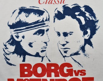 Vintage 80s 1980 Bjorn Borg John McEnroe Wimbledon Tennis Match T SHIRT M RARE