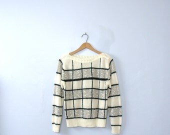 Vintage 80's striped sweater, black and white sweater, checkered sweater, size small