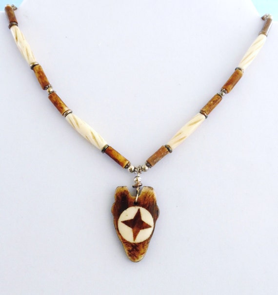 Native American Carved Bone Necklace Wood and Bone Necklace