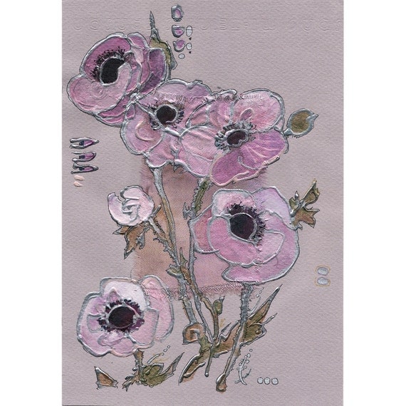 Mauve anemones - Lavender ranunculus - Original Painting on paper and viscose satin purple flowers, lavender, artwork mixed media art - OOAK