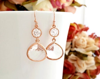 Rose gold earrings, Wedding Earrings, bridesmaid gift, bridal Earrings, Clear Earrings, Gold Earrings, Bridesmaid gift