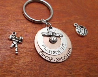Hand stamped volleyball player's key chain with saying. "Bump.Set.Spike"-Volleyball coach's gift-Coach's gift-Coach's keychain