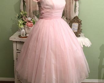 Pink Chiffon 50s Dress, Elegant Ballerina, 1950s Dress, XXS/XS, Bridesmaid Dress, Maid of Honor, Birthday Dress, Pretty in Pink Dress