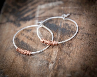 Mixed Metal Hoop Earrings, Copper and Silver Hoop Earrings, Medium Hoop Earrings, Modern Hoop Earrings, Two Tone Jewelry, Twisted Earrings