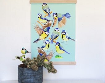 The Garden Party, blue tits, art print, watercolour wall art