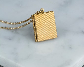 Vintage Book Pendant Necklace, Photo Necklace Locket, Long Chain Necklace, Polka Dots
