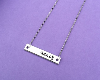 Personalized Name Bar Necklace, Custom Hand Stamped Necklace, Personalized Gift, Name Necklace, Skinny Bar, Bridesmaid Gift For Her