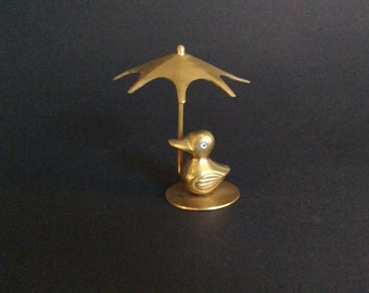 Vintage brass duck with umberella, from India, duckling, ornament, figurine, charming, cute