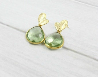 Green Amethyst Earrings, Leaf Earrings, Gold Earrings, Minimal Earrings, Minimalist Earrings, Dangle Earrings, Gift for Her, Post Earrings,