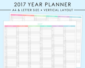 A4/LETTER 2017 Vertical Year Planner Printable | Pastel, 2017 Planner, 2017 Calendar, Year Overview, Year At A Glance, Instant Download
