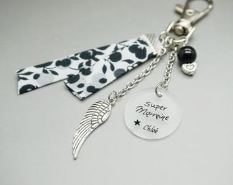 porte clé liberty cabochon "Super Marraine" + prénom enfant aile ange personnalisable