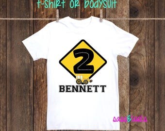 Construction Birthday Shirt Personalized Custom Age Name Bday Boy Truck Tractor One piece Party bulldozer car