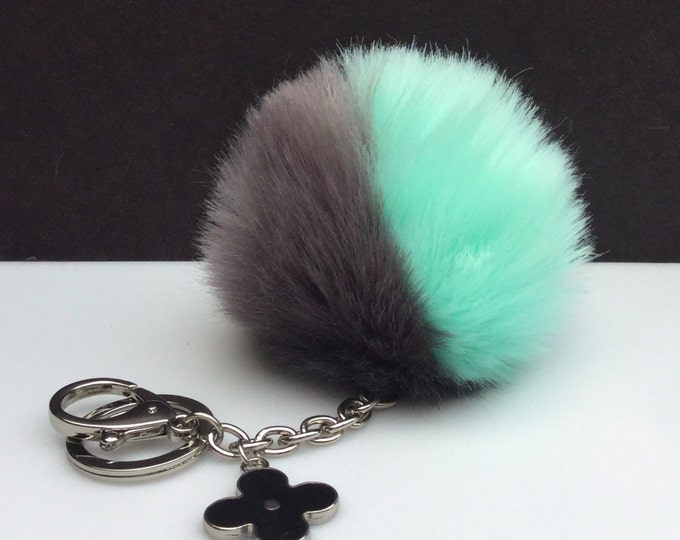 Faux Duo Grey Mint Fur Pom Pom bag Keyring keychain pom pom fake fur ball