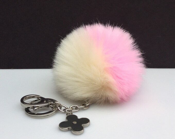 Faux Duo Cream Pink Fur Pom Pom bag Keyring keychain pom pom fake fur ball