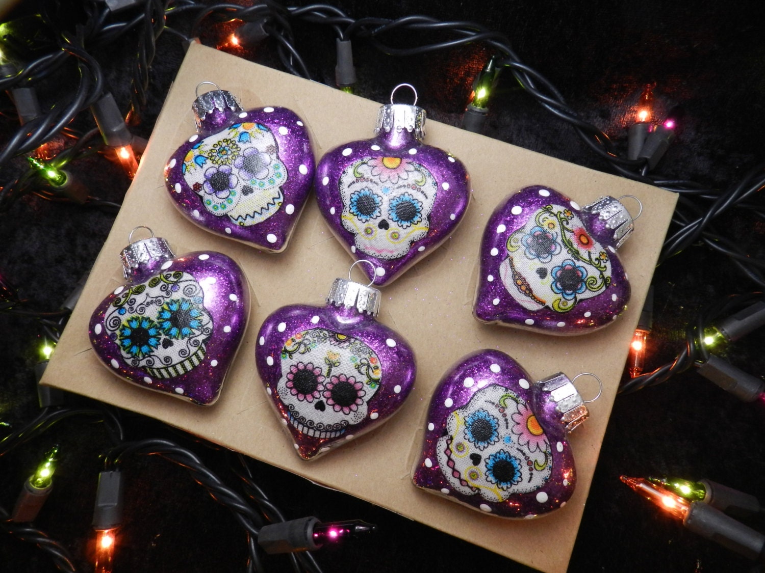 Sugar Skulls Glass Heart Christmas Ornaments Set of 6  My Sugar Skulls