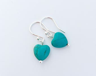 Turquoise heart earrings with Sterling silver, Turquoise earrings, gift for her, girlfriend gift, daughter gift, sister gift