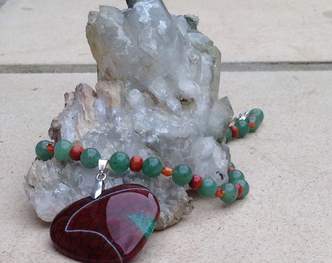 Jasper pendant on an orange and green beaded necklace, beaded agate necklace with jasper pendant, orange ans brown jasper, green agate beads