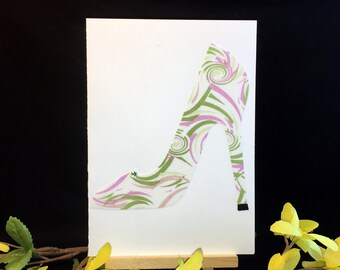 OOAK funny birthday card, handmade recycled fabric greeting card, high heel card, blank inside, miss you card, just because card