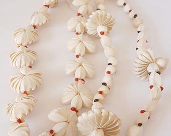 Vintage Polynesian tribal shell necklaces, primitive shell neck piece, Australasian antique shell lei, decorative tribal shell adornments.