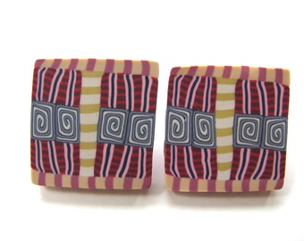 Earrings, polymer clay, post earrings, 1 inch square, fuchsia, gray, blue, vintage earrings B-1245