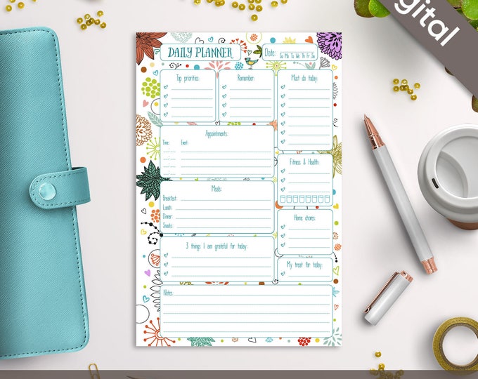 5.5 x 8.5 Daily Planner Printable, Half size printable refills, Half Letter, Syasia Cute Floral Day Organizer, DIY PDF Instant Download